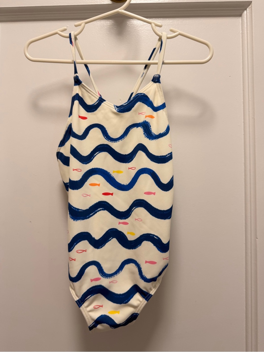 Quince Cream and Navy Girls' Fish Print Swimwear